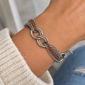 Two Tone Multi Strand Chain Bracelet Silver Copper Tone Layered Statement